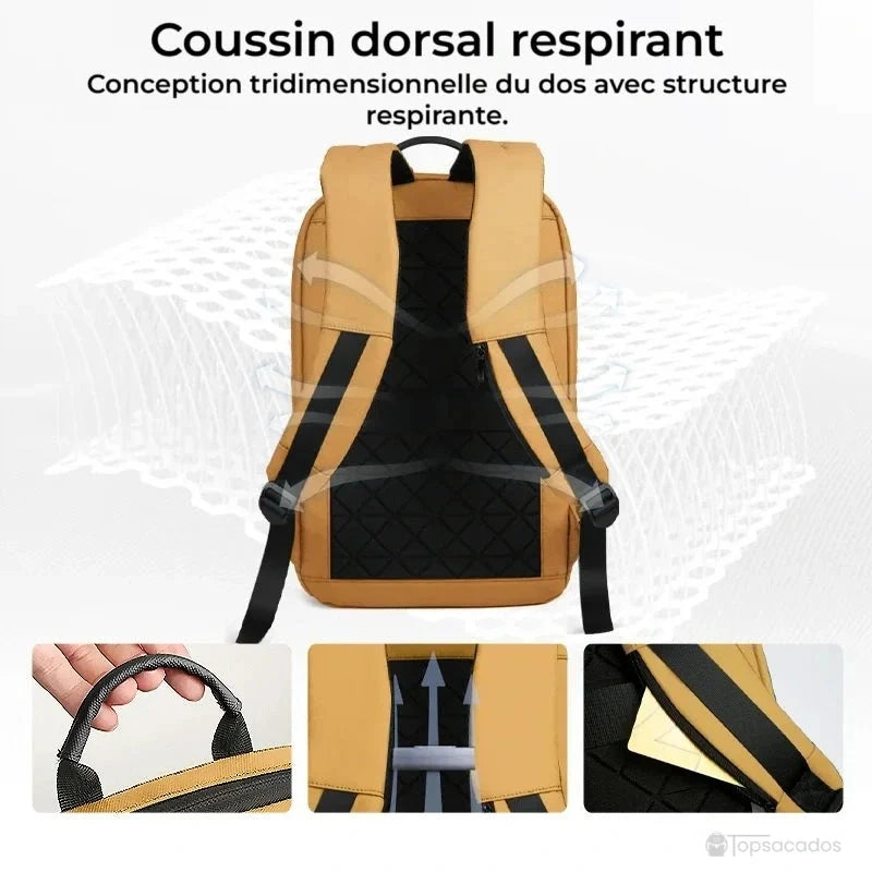 Sac à dos ordinateur 17 pouces jaune vu de dos, mettant en avant le coussin respirant, la poignée renforcée et la poche dissimulée dans la bretelle.