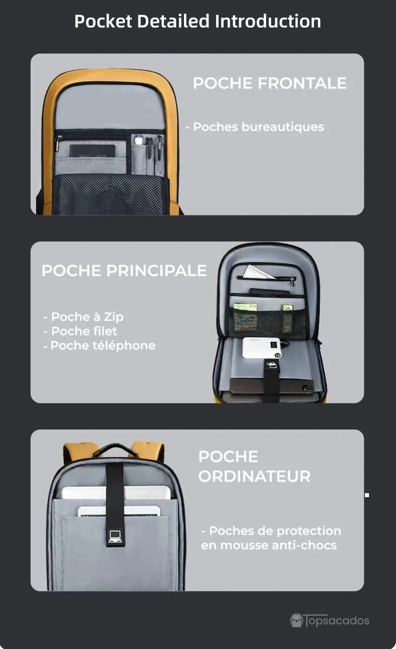 Sac à dos ordinateur 17 pouces ouvert montrant les trois types de poches internes : frontale pour accessoires, principale zippée et poche ordinateur avec protection mousse.