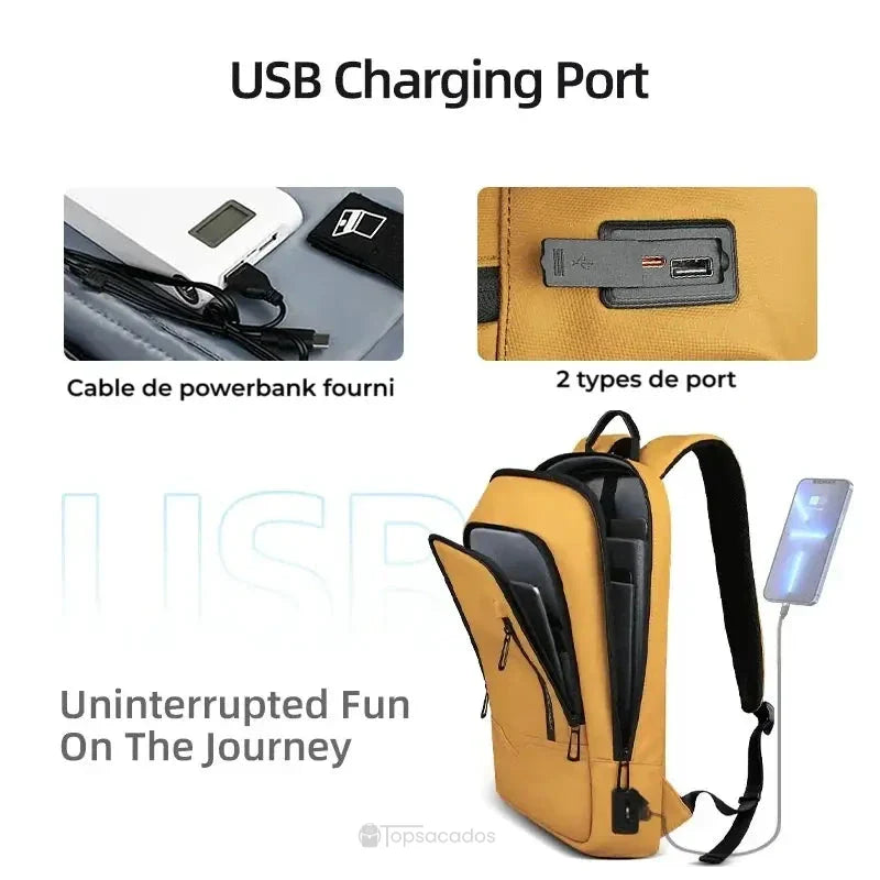 Sac à dos ordinateur 17 pouces jaune équipé d’un port USB externe et câble powerbank pour recharger les appareils en déplacement.