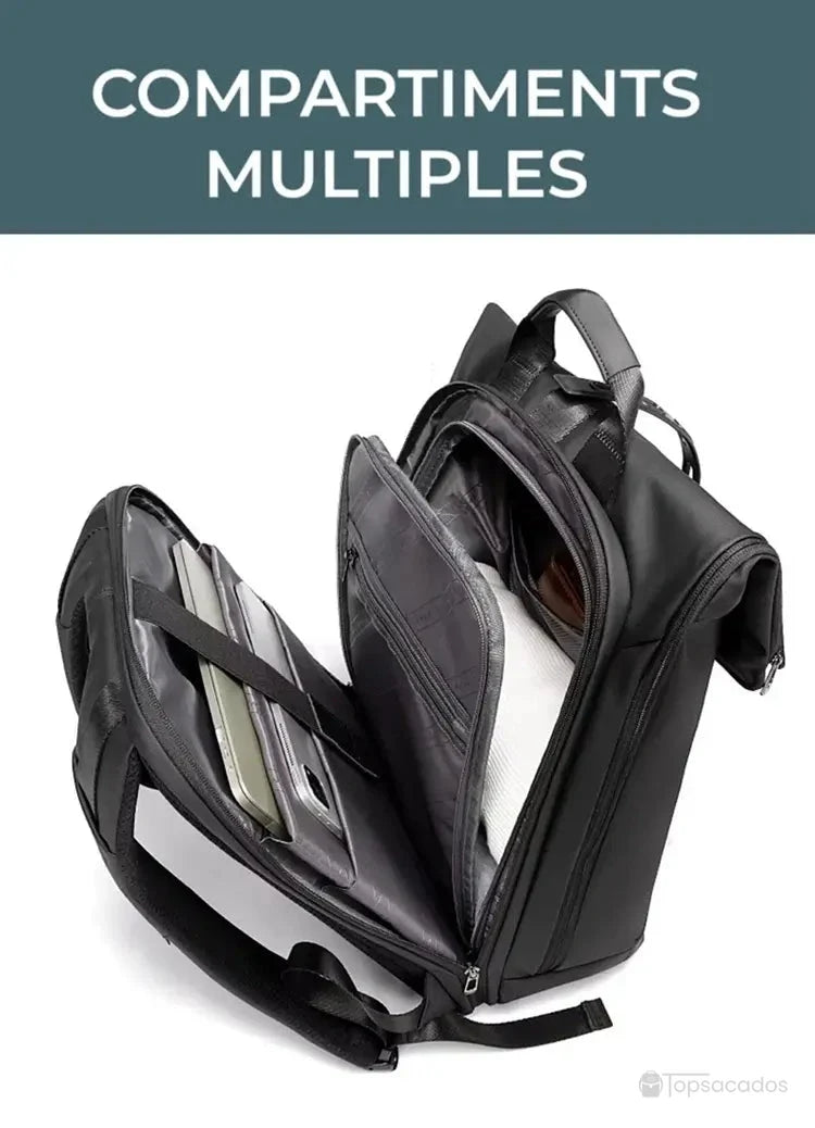 Sac à dos ordinateur étanche avec multiples compartiments ouverts, parfait pour organiser un ordinateur portable, des vêtements et accessoires.