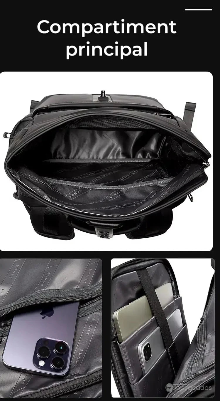 Sac à dos ordinateur étanche avec grand compartiment principal, poches zippées et espace pour téléphone et ordinateur portable.