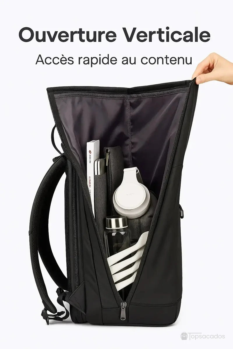 Sac à dos ordinateur étanche avec ouverture verticale et accès rapide au contenu, conçu pour l’organisation au quotidien.