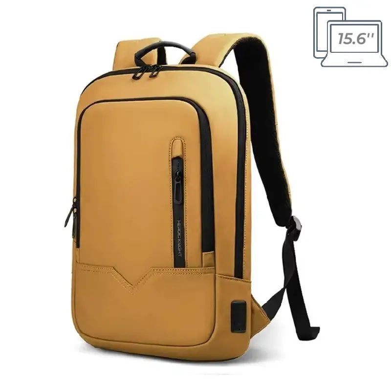 sac Ă  dos ordinateur femme 15,6 pouces jaune vue 3/4, mettant en avant les finitions et lâentrĂ©e du port USB