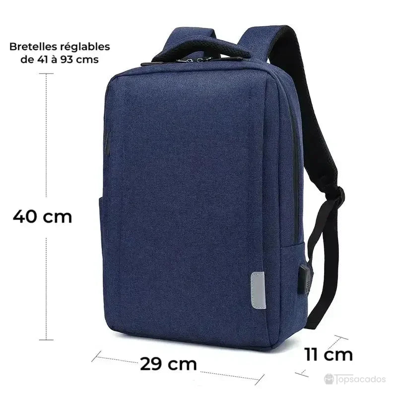 Sac à dos ordinateur Homme bleu marine avec dimensions indiquées : 40 cm x 29 cm x 11 cm, capacité 12.8 litres.