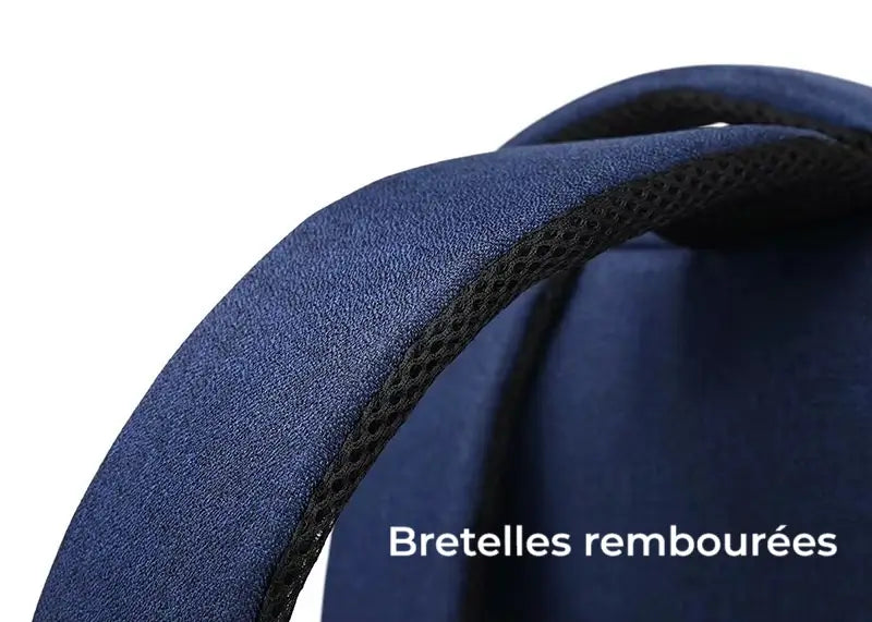 Sac à dos ordinateur Homme avec zoom sur les bretelles rembourrées, tissu bleu et doublure noire respirante.