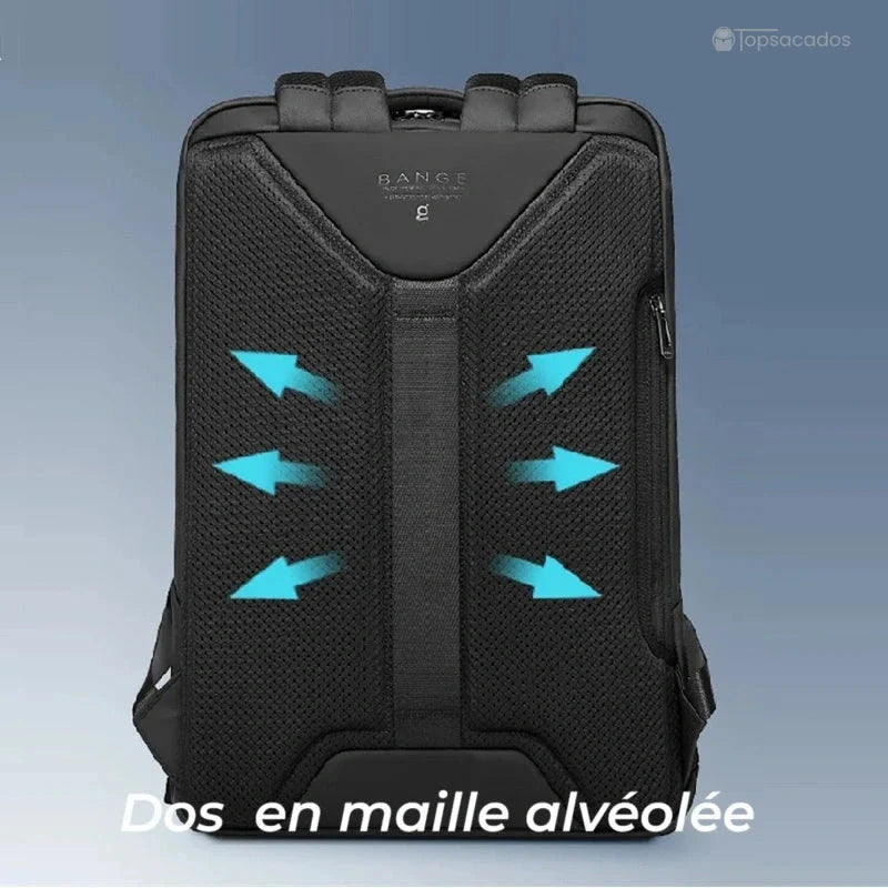 Sac à dos ordinateur portable design avec dos en maille alvéolée noire et flèches bleues illustrant la ventilation et le confort dorsal.
