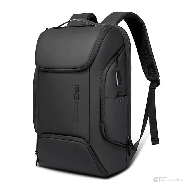 Sac a dos ordinateur portable multipoches noir élégant avec design rectangulaire moderne, bretelles rembourrées et poches latérales visibles, posé en studio sur fond neutre.