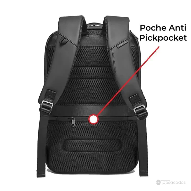 Sac a dos ordinateur portable multipoches vu de dos, mettant en évidence une poche cachée anti pickpocket sécurisée intégrée au dos du sac, idéal pour les voyages urbains.