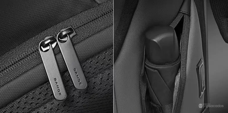 Sac a dos ordinateur portable multipoches avec double fermeture éclair résistante et poche latérale contenant un parapluie replié.