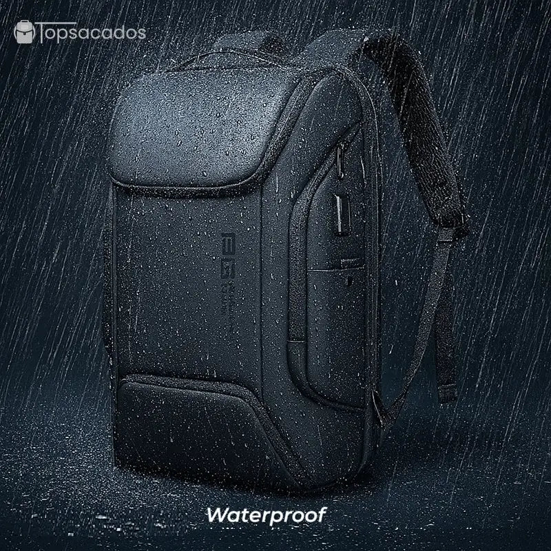 Sac à dos ordinateur portable multipoches, design moderne et étanche, sous la pluie, avec fermetures éclair sécurisées et logo PG – fond sombre professionnel