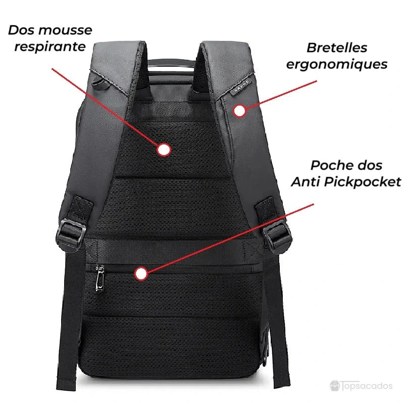 Sac à dos ordinateur portable ouverture par le dessus vu de dos, avec bretelles ergonomiques, dos mousse respirant et poche anti pickpocket