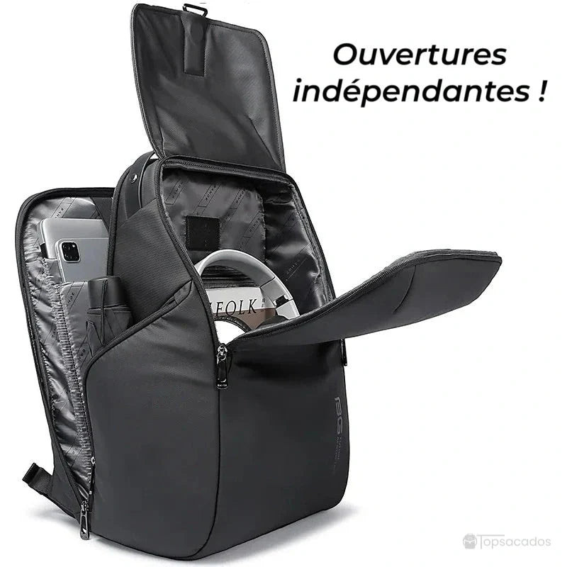 Sac à dos ordinateur portable ouverture par le dessus avec compartiments ouverts et accès indépendant aux poches latérales