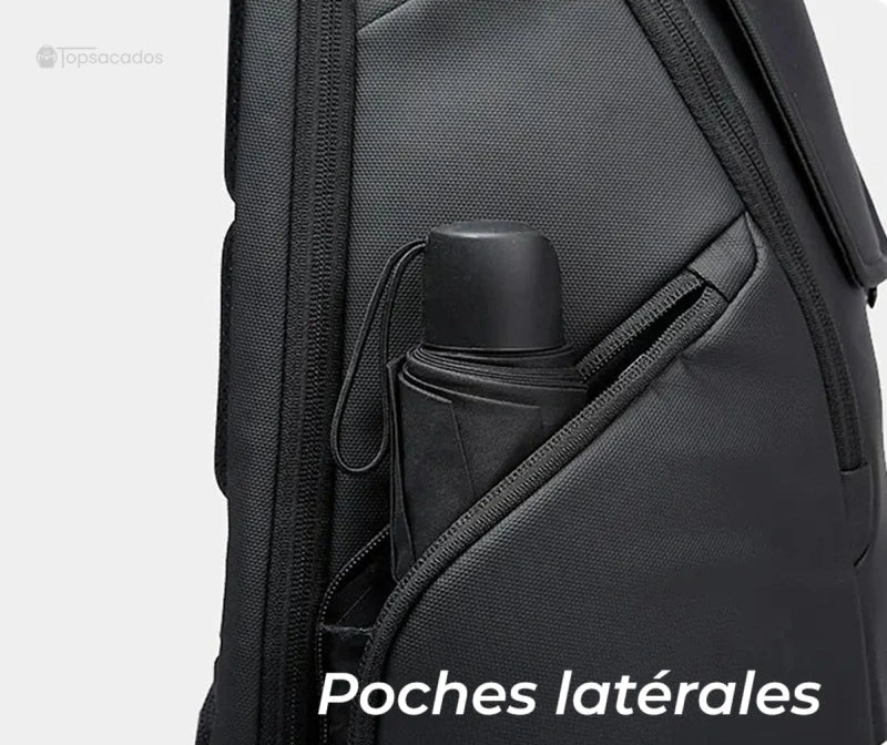 Sac à dos ordinateur portable ouverture par le dessus avec poche latérale contenant un parapluie noir compact