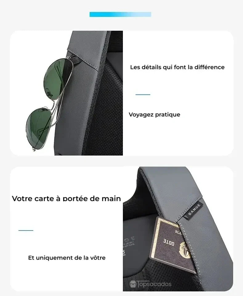 Sac à dos pc portable avec port usb montrant une poche pour carte dissimulée dans la bretelle et un emplacement pratique pour lunettes