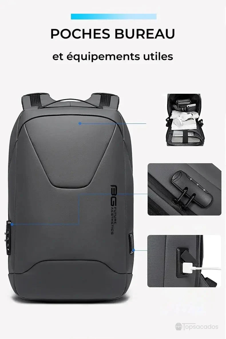 Sac à dos pc portable avec port usb avec poches intérieures organisées et focus sur le système antivol et le port USB intégré