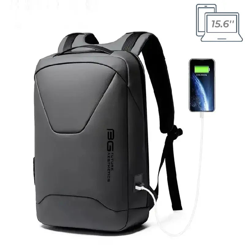Sac à dos pc portable avec port usb vu de côté en train de recharger un téléphone, câble connecté à la prise USB externe