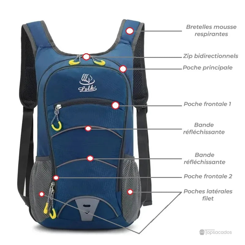 Sac-a-dos-bebe-petite-randonnee zoomé sur les éléments : poches, bandes réfléchissantes, logos et zips.