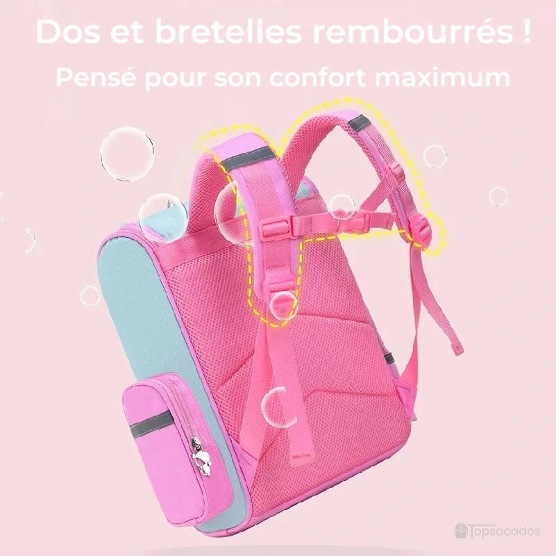 sac a dos petite section rose avec bretelles rembourrées et dos matelassé, conçu pour un confort optimal à l’école maternelle