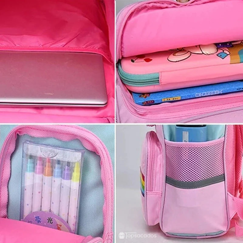 sac a dos petite section avec compartiments organisés pour ordinateur, fournitures scolaires et gourde, intérieur doublé rose
