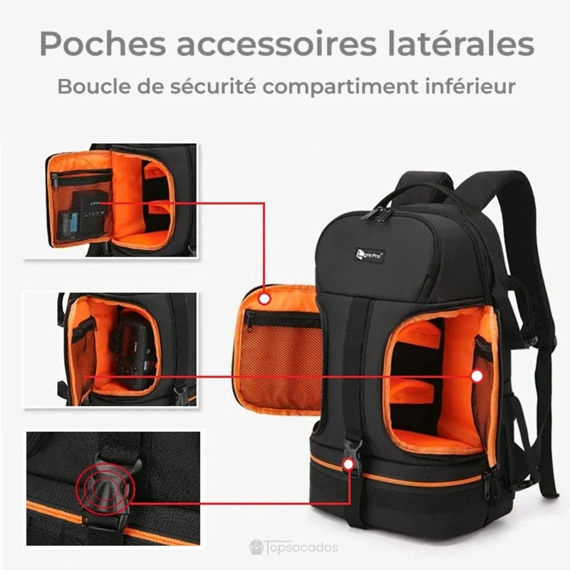 Sac à dos photo avec compartiments latéraux orange, poches de rangement pour accessoires et boucle de sécurité visible en vue intérieure