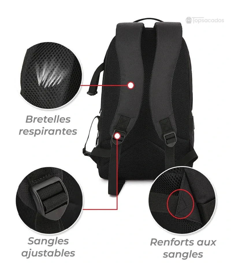 Sac à dos photo vu de dos avec bretelles respirantes, sangles ajustables et renforts visibles sur fond blanc