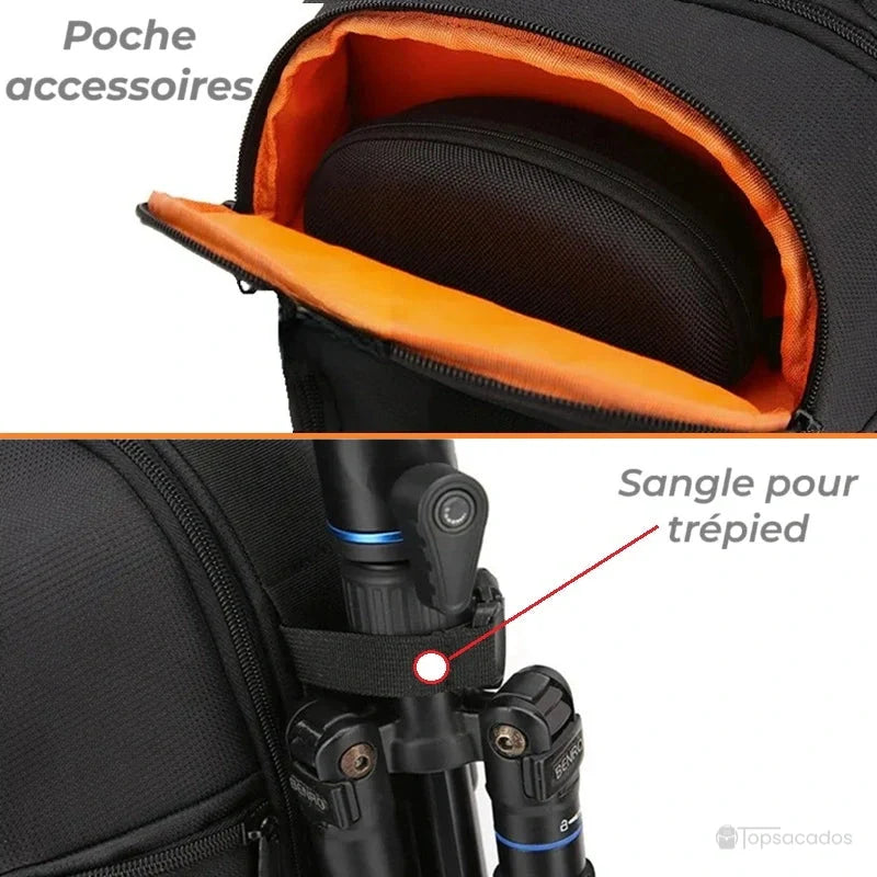 Sac à dos photo avec poche accessoires ouverte et sangle latérale tenant un trépied professionnel sur fond neutre