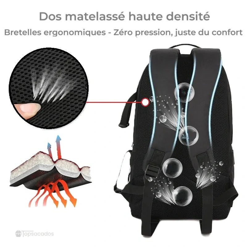 Sac à dos photo vu de dos avec dos matelassé haute densité et illustration des flux d'air pour confort et ventilation