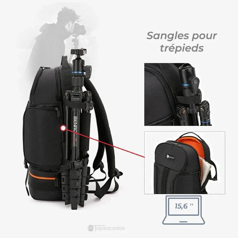 Sac à dos photo noir avec trépied fixé sur le côté et compartiment arrière contenant un ordinateur portable de 15,6 pouces