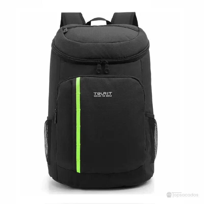 Sac à dos picnic isotherme noir avec bande verte verticale, photographié de face en studio sur fond blanc.