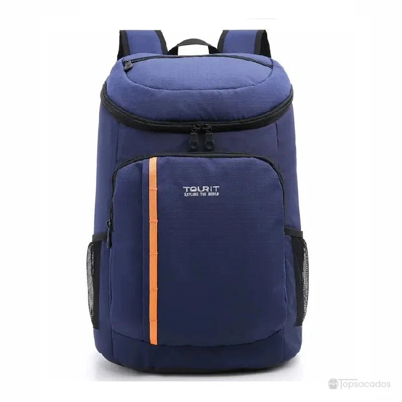 Sac à dos picnic isotherme bleu foncé avec bande orange verticale, vu de face sur fond neutre.