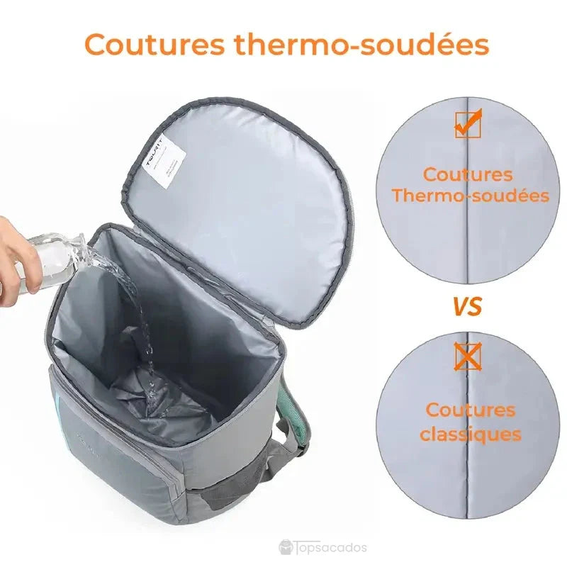 Sac à dos picnic isotherme avec démonstration des coutures thermo-soudées anti-fuite comparées aux coutures classiques.