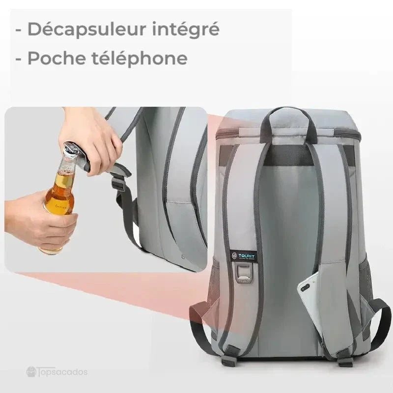 Sac à dos picnic isotherme vu de dos avec démonstration du décapsuleur intégré et poche latérale pour téléphone.