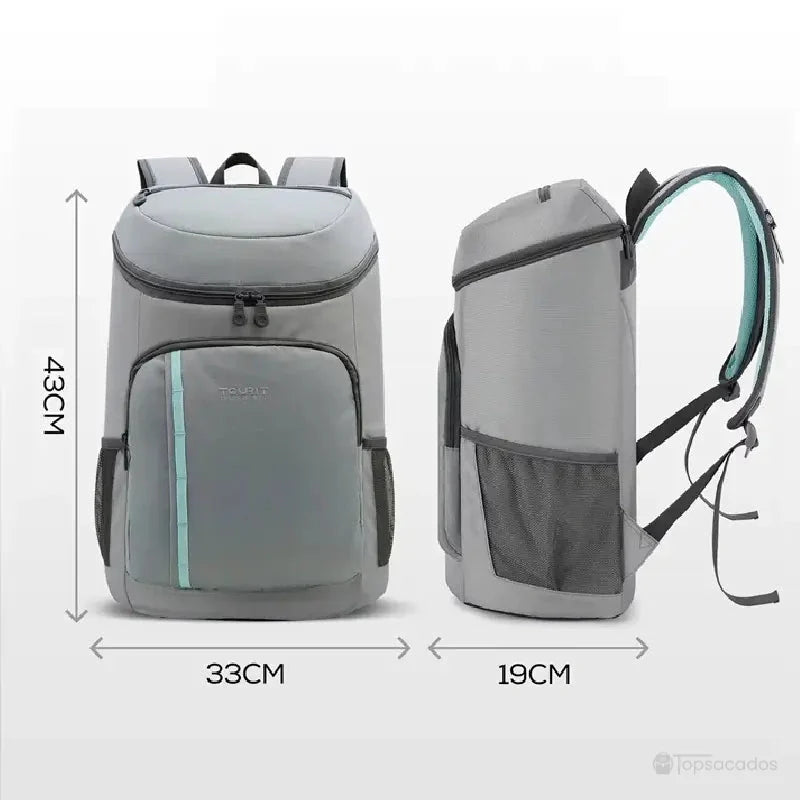 Sac à dos picnic isotherme gris illustré avec ses dimensions : 43 cm de hauteur, 33 cm de largeur et 19 cm de profondeur.