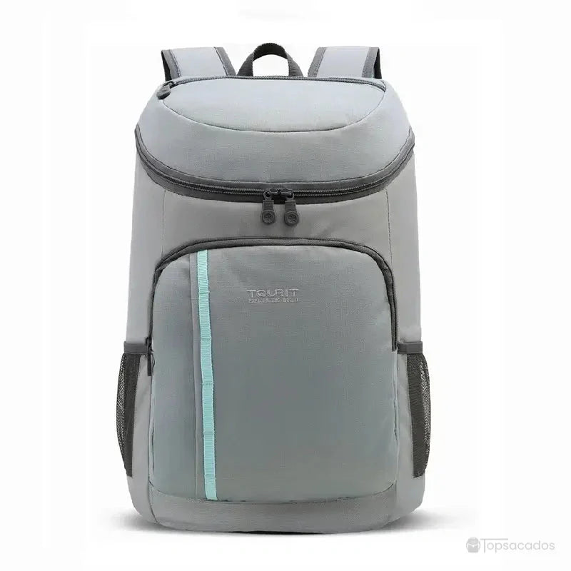 Sac à dos picnic isotherme gris vu de face avec deux poches zippées, sur fond blanc.