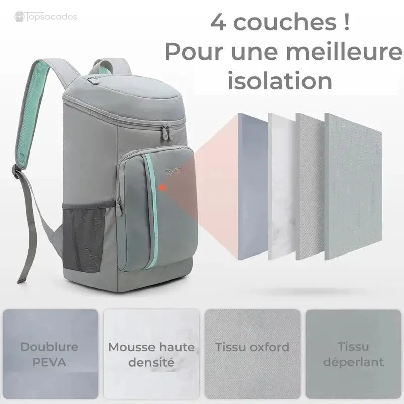 Sac à dos picnic isotherme affichant sa structure à 4 couches isolantes avec zoom sur les matériaux.