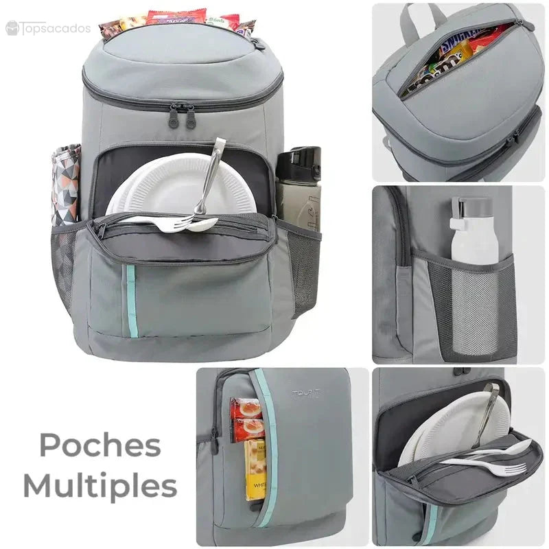 Sac à dos picnic isotherme illustrant ses multiples poches pour accessoires, couverts, boissons et en-cas.