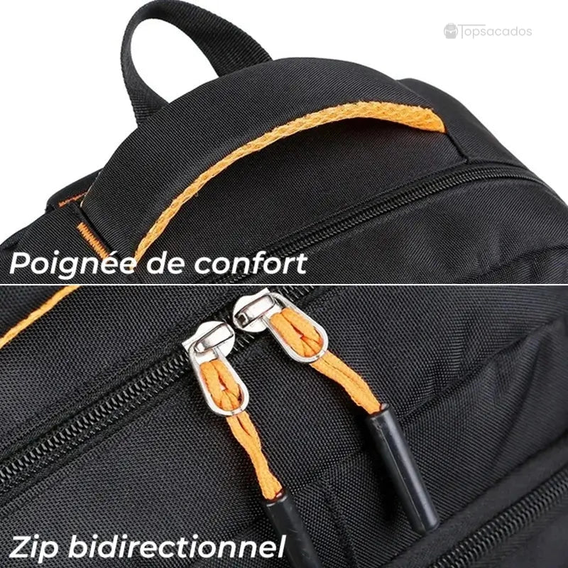 Sac a dos pour cours noir avec poignée renforcée orange et zip bidirectionnel à tirettes longues pour ouverture facile.