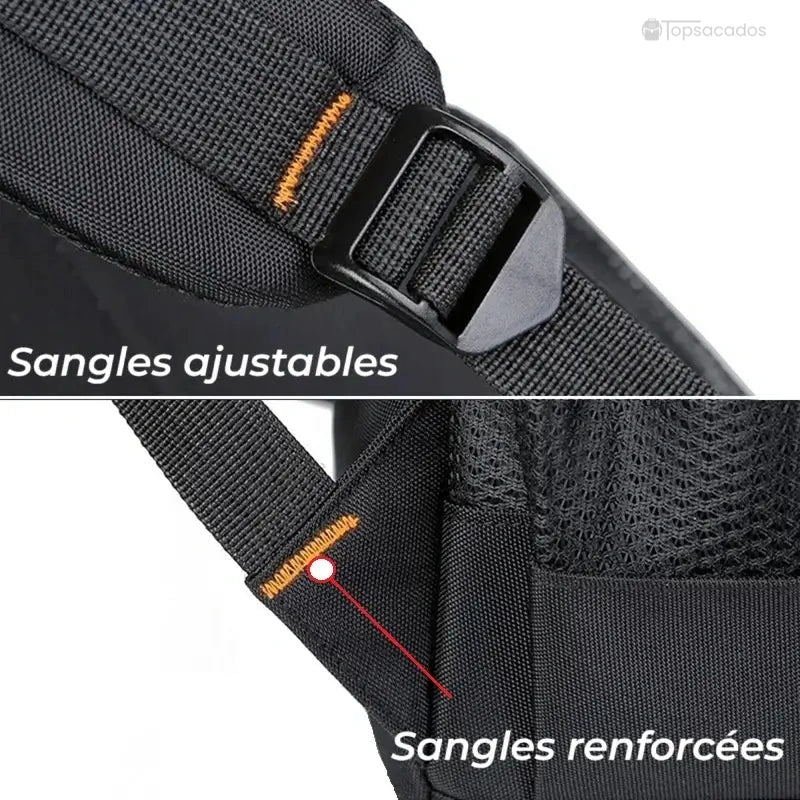 Sac a dos pour cours noir avec sangles ajustables et coutures renforcées visibles sur le tissu.
