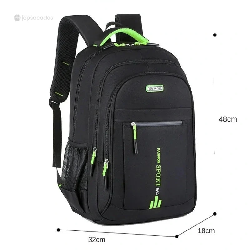 Sac a dos pour cours noir et vert présenté avec ses dimensions : 48 cm de haut, 32 cm de large et 18 cm de profondeur.