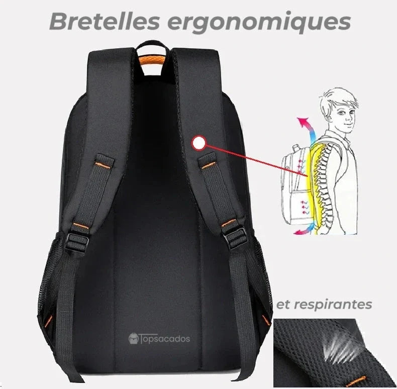 Sac a dos pour cours vu de dos avec bretelles ergonomiques et rembourrées, accompagné d’un schéma illustratif du dos.