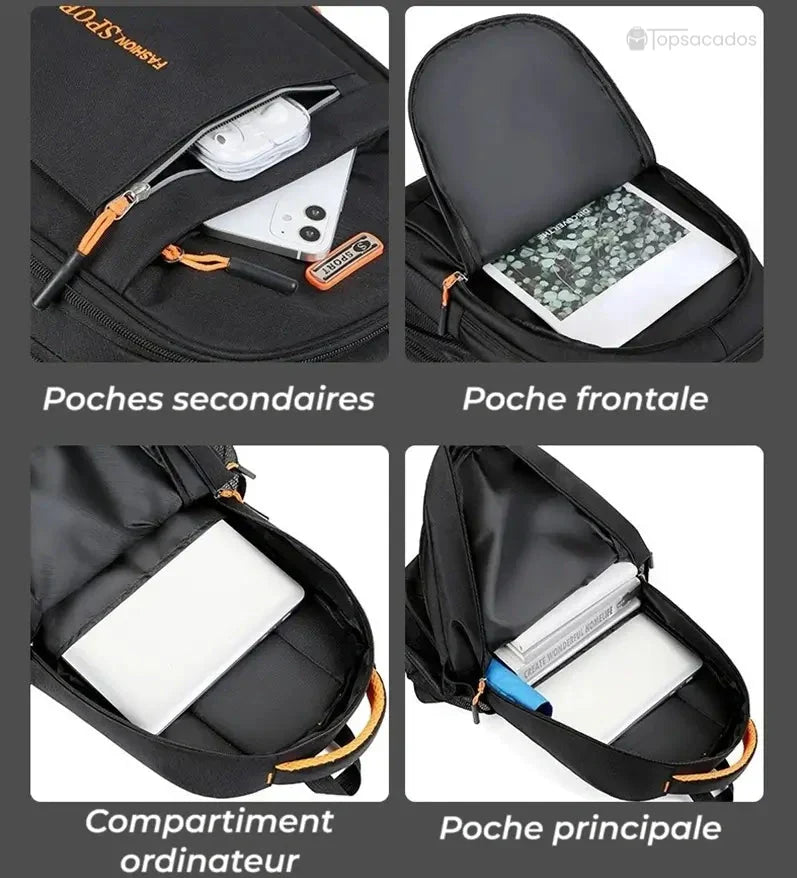 Sac a dos pour cours avec poches secondaires, compartiment ordinateur et grande poche principale ouvertes, montrant une organisation intérieure optimale.