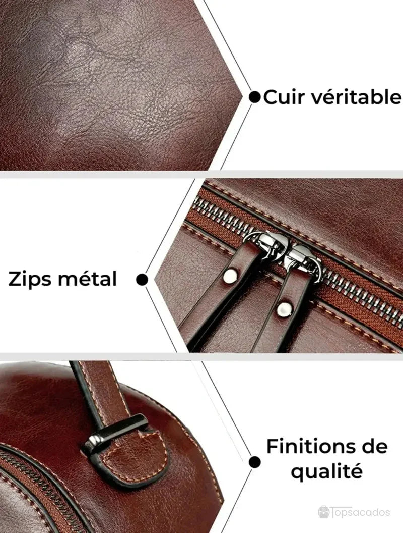 Sac à dos pour femme avec zoom sur les détails : cuir véritable, zips métalliques robustes et finitions couture de qualité.