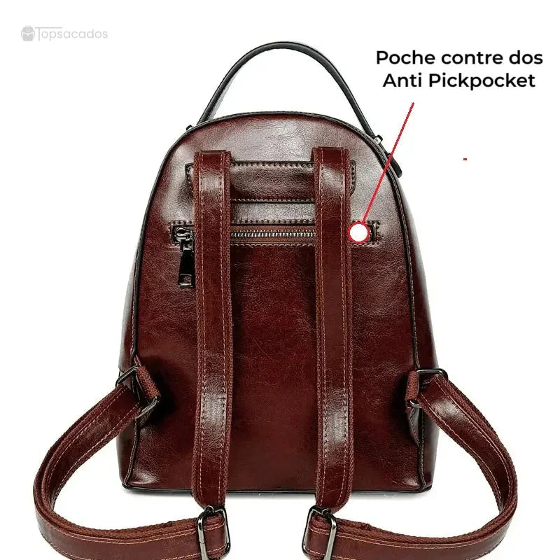 Sac à dos pour femme vu de dos avec poche antivol zippée, idéal pour la sécurité lors des déplacements en ville.