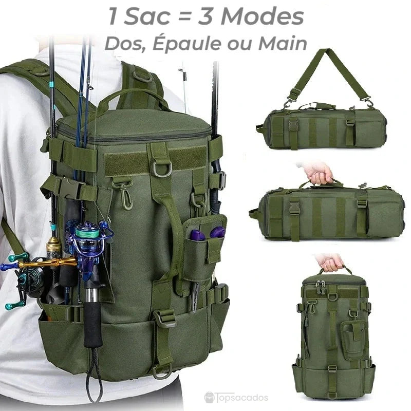 Sac à dos pour la pêche en trois modes de port : sur le dos, à l'épaule ou à la main, avec équipement de pêche fixé sur un gilet blanc en extérieur.