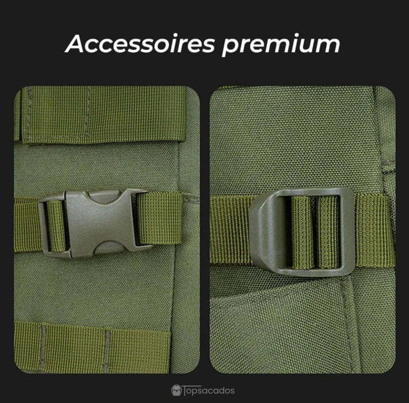 Sac à dos pour la pêche avec vue rapprochée sur les accessoires premium : boucle de serrage et clip de fixation sur toile verte résistante.