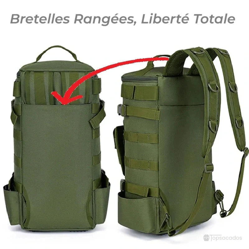 Sac à dos pour la pêche avec système ingénieux pour ranger les bretelles et basculer en mode sac à main ou sac à l'épaule.
