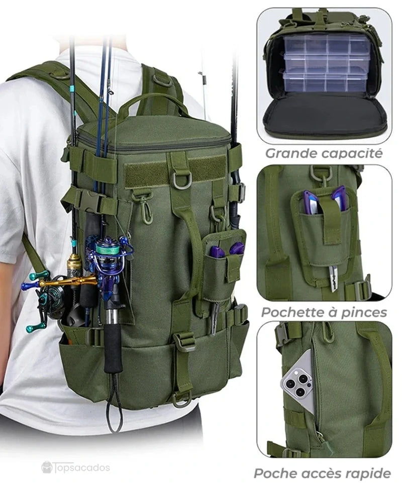 Sac à dos pour la pêche porté en situation, montrant la grande capacité, les pinces accessibles et une poche latérale pour smartphone.