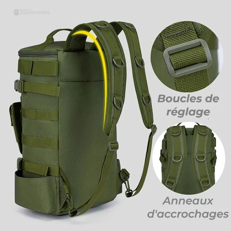 Sac à dos pour la pêche avec focus sur les boucles de réglage et anneaux d’accrochage intégrés aux bretelles pour une personnalisation maximale.