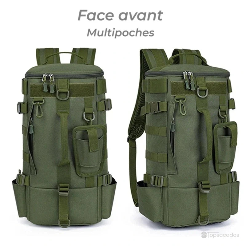 Sac à dos pour la pêche présenté de face, avec poches multiples bien réparties pour un rangement organisé du matériel.