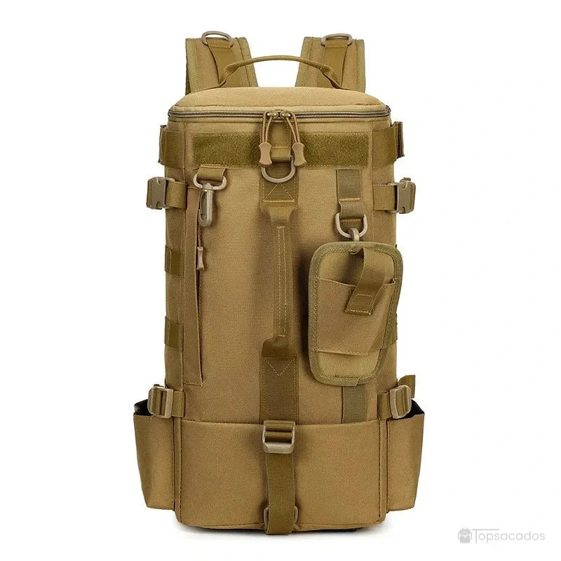 Sac à dos pour la pêche en toile kaki, robuste et compartimenté, idéal pour les expéditions au bord de l’eau.